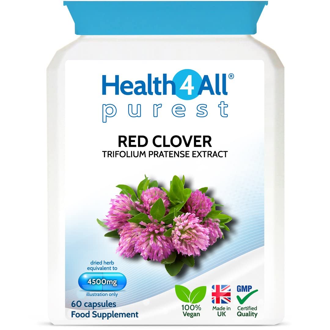 Health4All Red Clover 4500mg 60 Capsules (V) High Strength Extract: 24mg isoflavones in Each Capsule for Menopause Support. Vegan Supplement