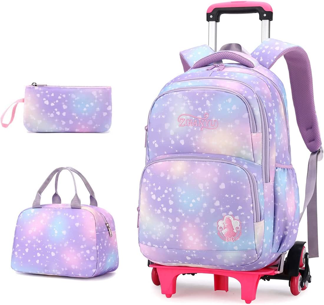 Kids Rolling Backpack，3 Pcs Trolley School Bag Set with Starry-Sky Print，Wheel Backpack with 6 Wheels ，Wheel Trolley Bag for School