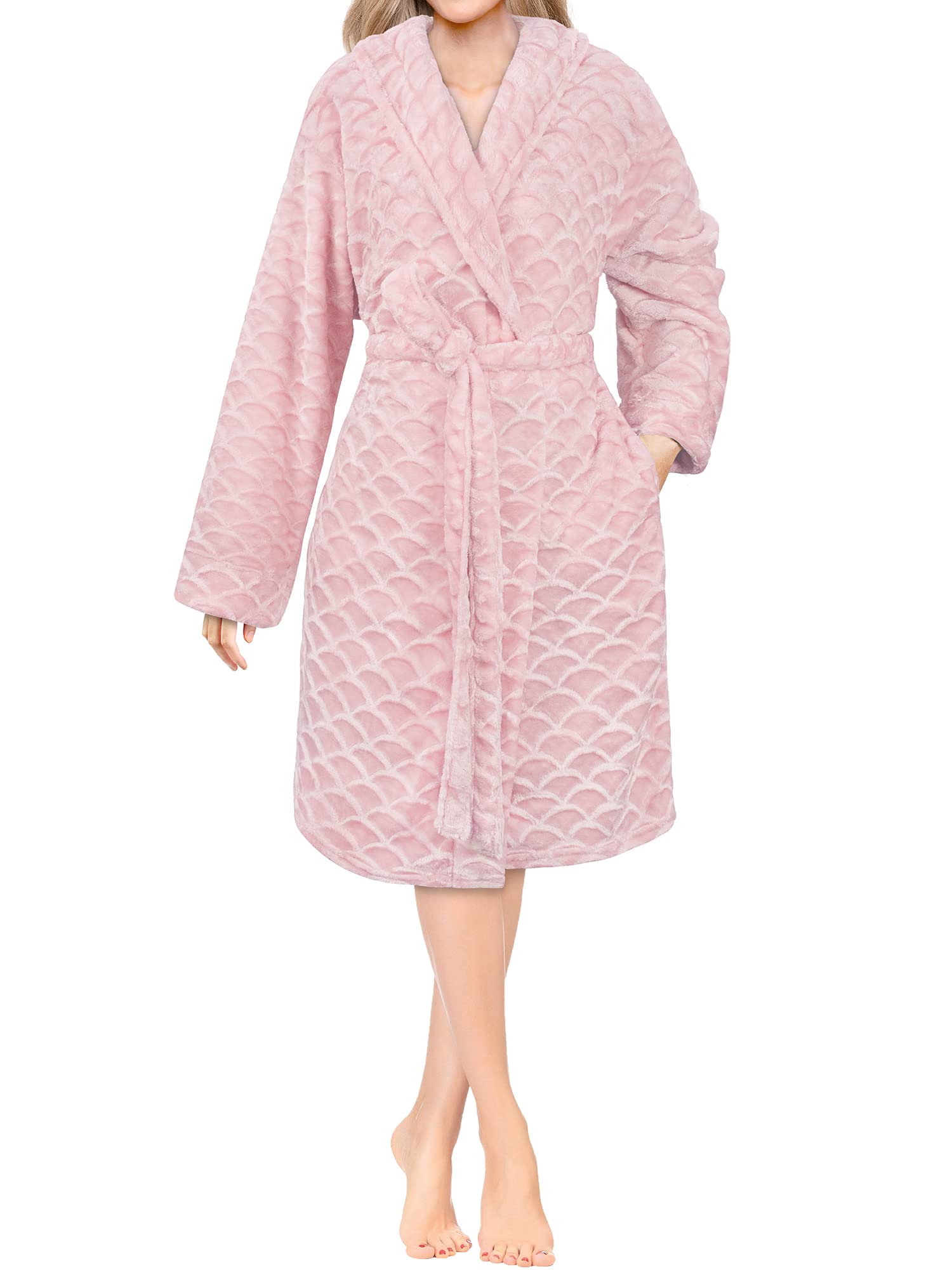 Women Hooded Short Robe | Lightweight Fleece Soft Spa Bathrobe Sleepwear