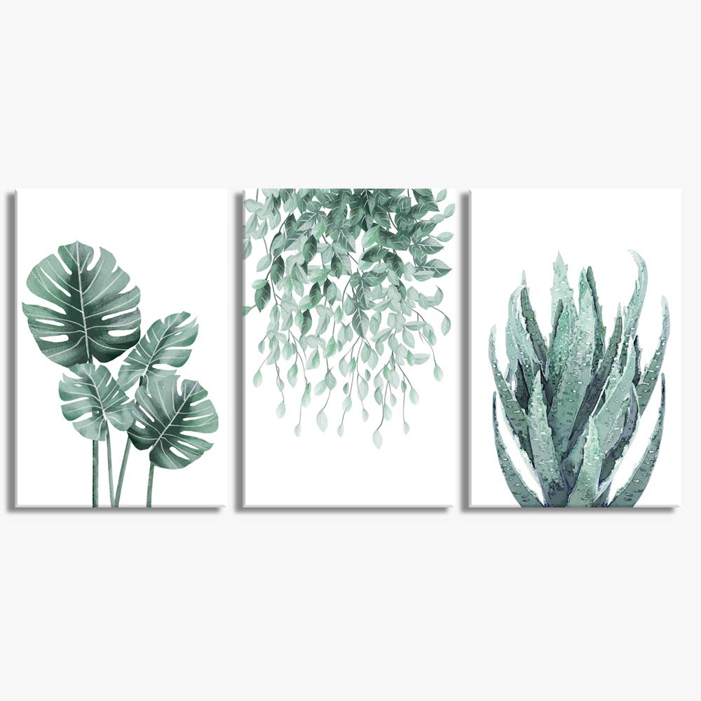 Youshion ArtGreen Canvas Wall Art for Living Room Bedroom, Monstera Shallow Green Leaf Tropical Succulent Plant Picture Canvas Prints,Modern Framed Minimalist Water Color Set of 3 Piece 16" X 24"