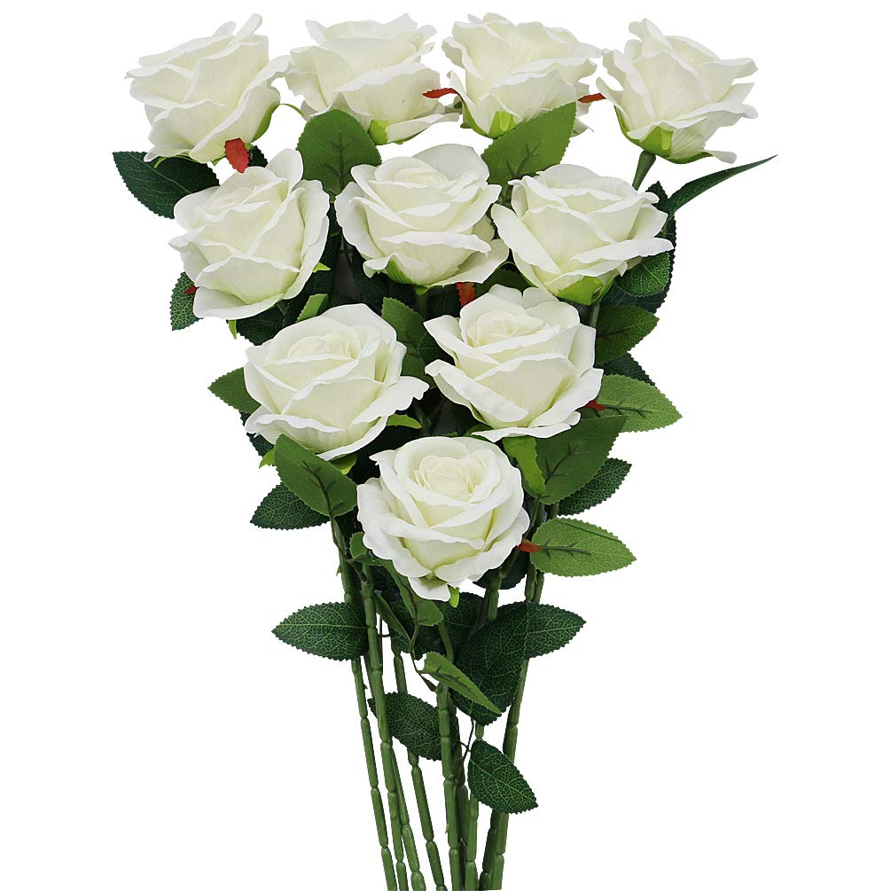 Omygarden 10pcs White Silk Flowers, Long Stem Artificial Rose Bouquets, Bridal Bouquets, Wedding Party Home Office Decoration