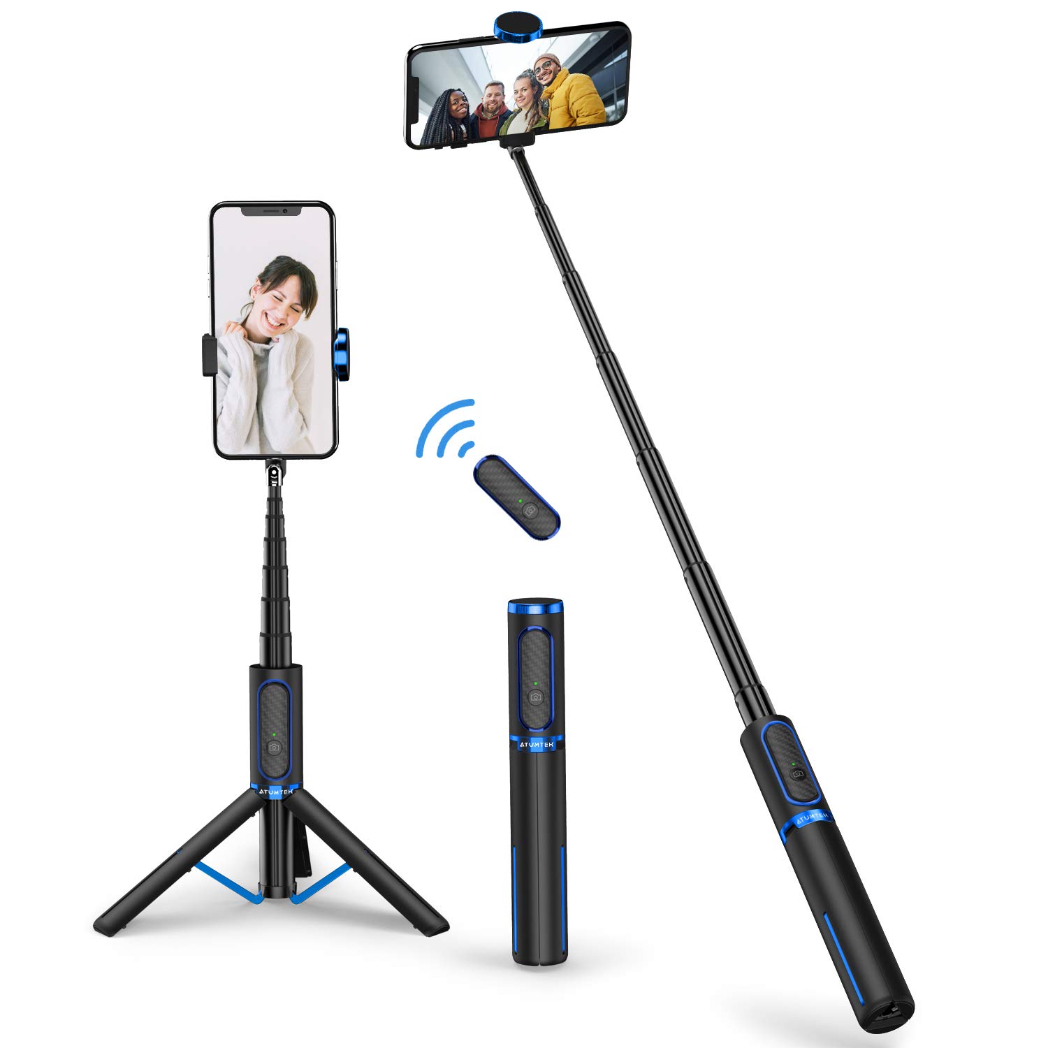 ATUMTEK Selfie Stick Tripod, Extendable 3 in 1 Aluminum Bluetooth Selfie Stick with Wireless Remote for iPhone 13/13 Pro/12/11 Pro/XS Max/XS/XR/X/8/7, Samsung Huawei LG Google Sony Smartphones, Blue