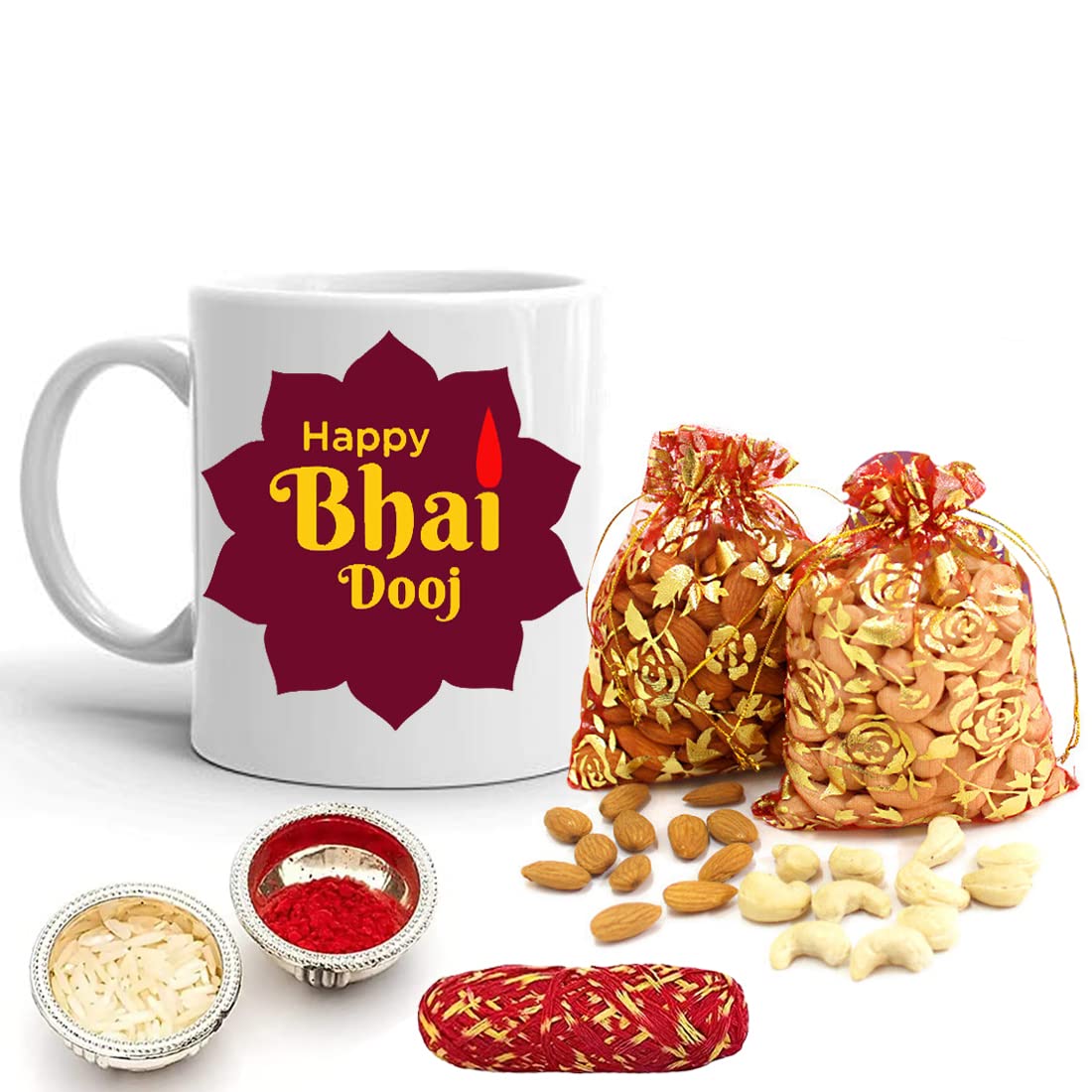 Bhai Dooj Set for Brother Diwali Gift Hampers Bhai Dooj Tika Set Printed Ceramic Coffee Mug, Dry Fruits Almond Cashew 50g Each, Diwali Gifts for Brother Sister Family and Friends