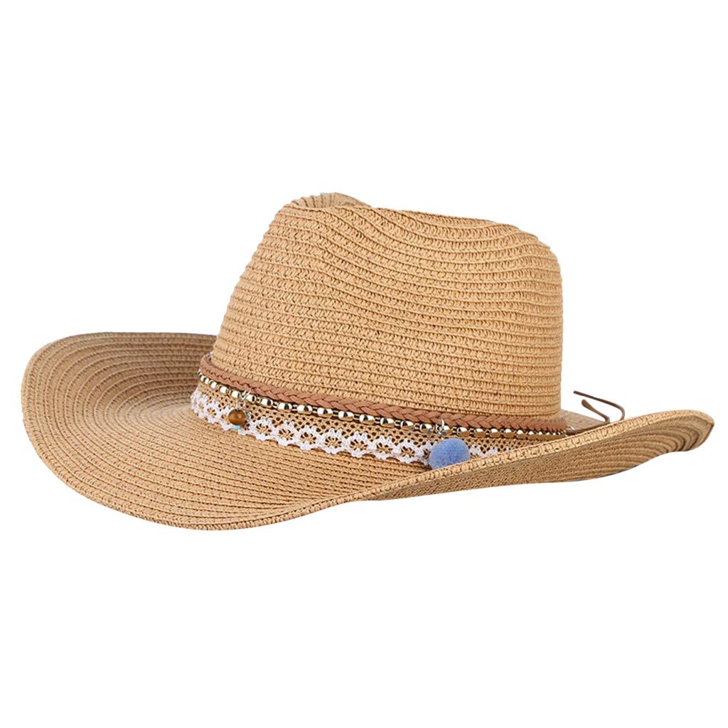 Digood Men Women Retro Western Cowboy Riding Hat Leather Belt Wide Brim Cap Hat,Outdoor Hawaii Style Straw Hat