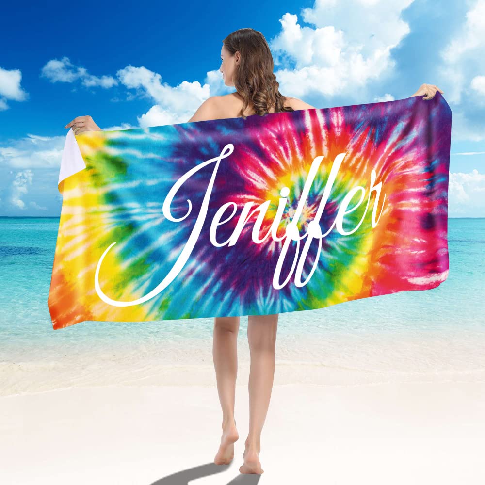 Dreamdecor Personalized Beach Towel Microfiber Custom Beach Towel with Name Monogram Absorbent Beach Towel for Women Girl Kids Boy Men Adult 60” x 30”