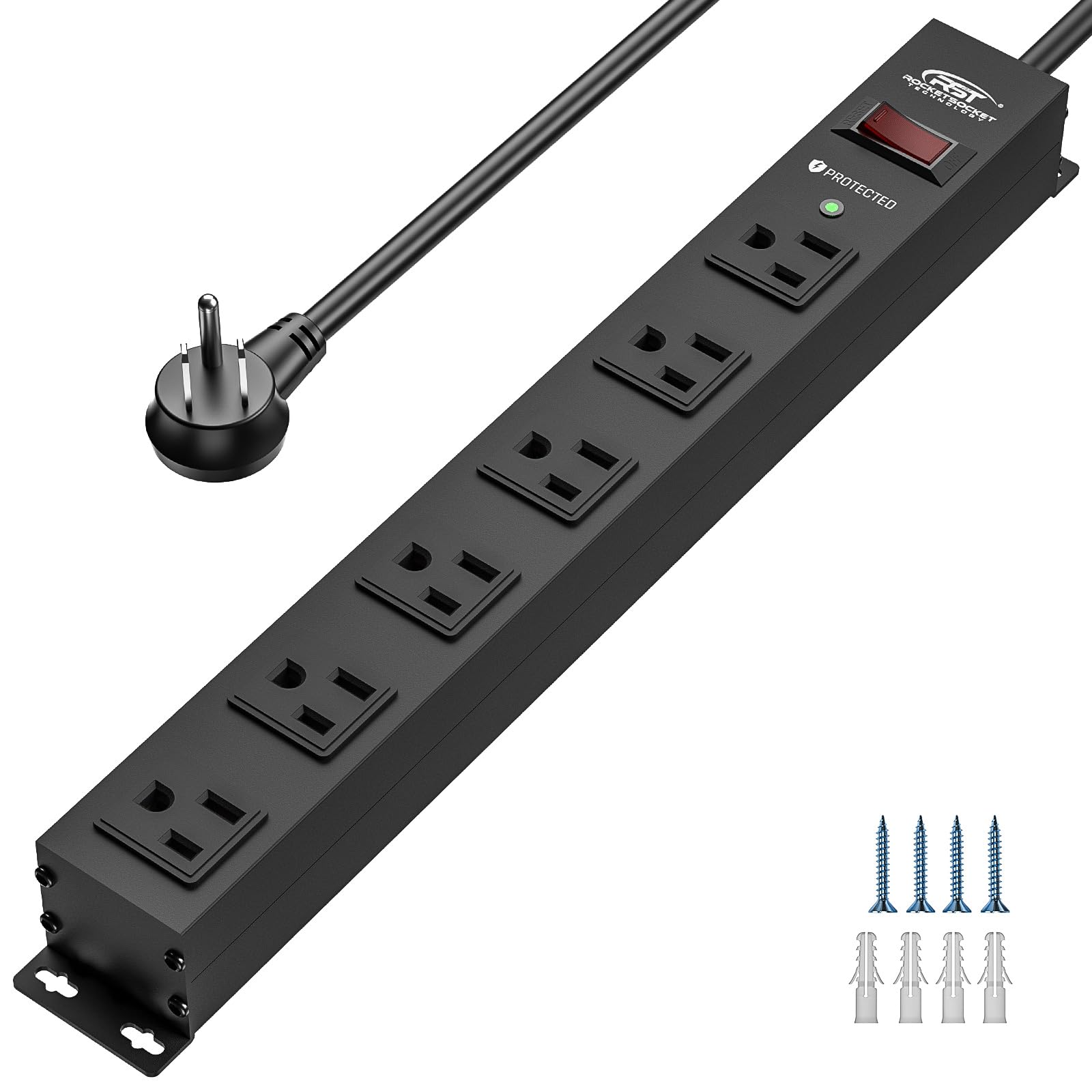 CRST 6 Outlet Heavy Duty Power Strip with Switch, 15A/1875W Metal Mountable Power Strip Surge Protector 2100Joules, Wide Spaced Power Bar for Garage Worshop Home School, 6 FT Cord