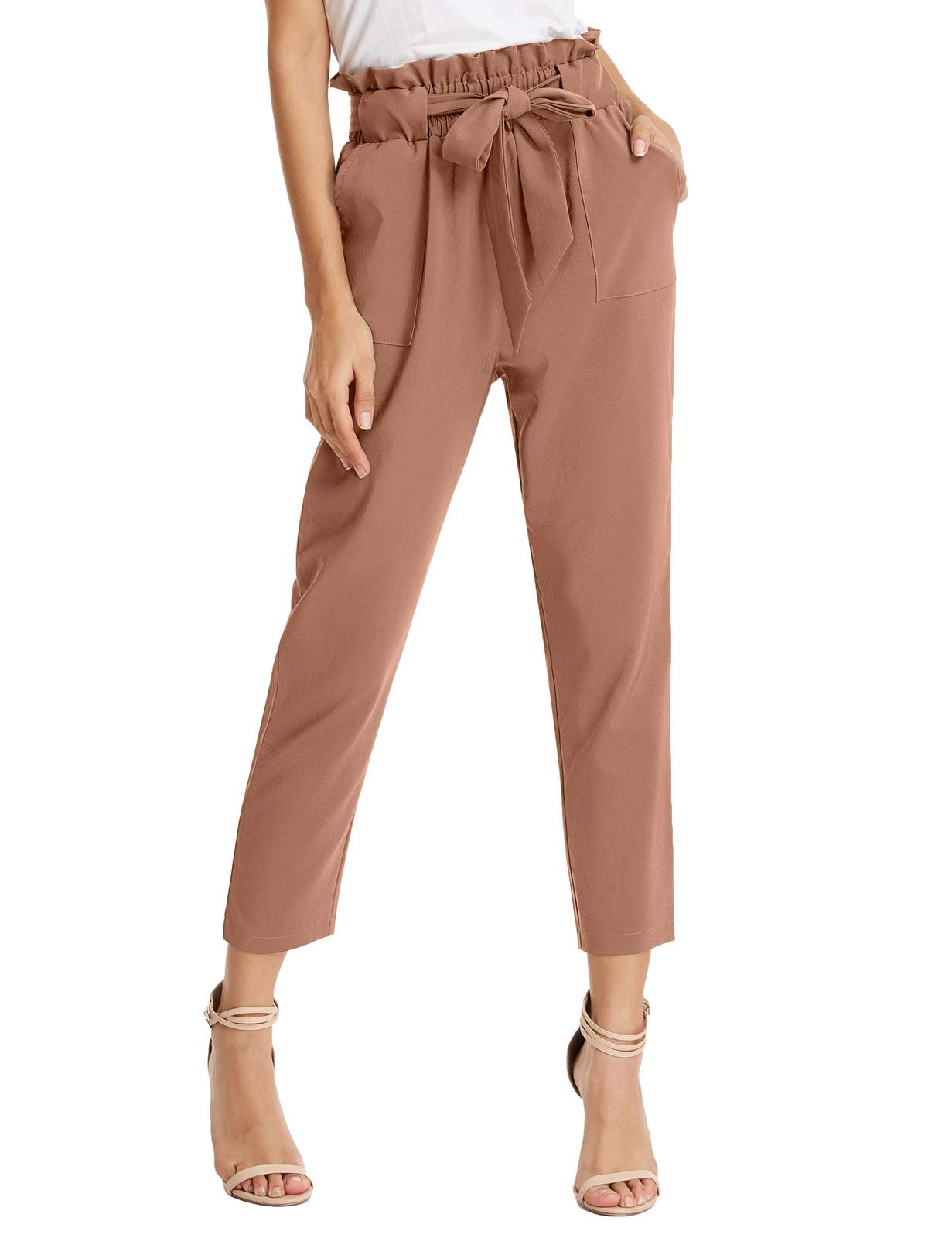 Women Ruffled High Waist Casual Pants Cropped Striped Pants