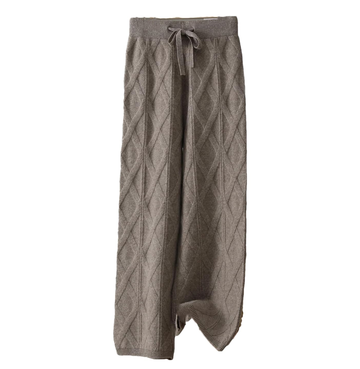 AlloaoneWomens Jacquard Drawstring Wide-Leg Pants 100% Merino Wool Rhombus Knitting Trousers Thick Pants