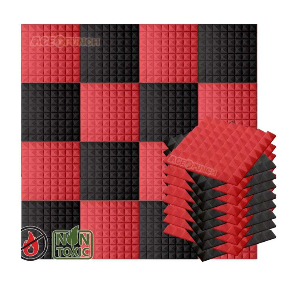 Acepunch 16 Pack BLACK AND RED Color Combiantion Pyramid Acoustic Foam Panel DIY Design Studio Soundproofing Wall Tiles Sound Insulation with Free Mounting Tabs 19.6" x 19.6" x 1.9" AP1034