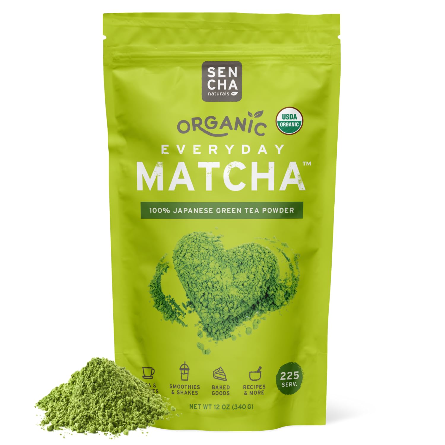 SENCHA Naturals Organic Everyday Matcha Powder, Authentic Organic Japanese Matcha Green Tea Powder, Premium First & Second Harvest Culinary Grade Organic Matcha Tea, Lattes & Baking, 12oz Bag (1 Pack)