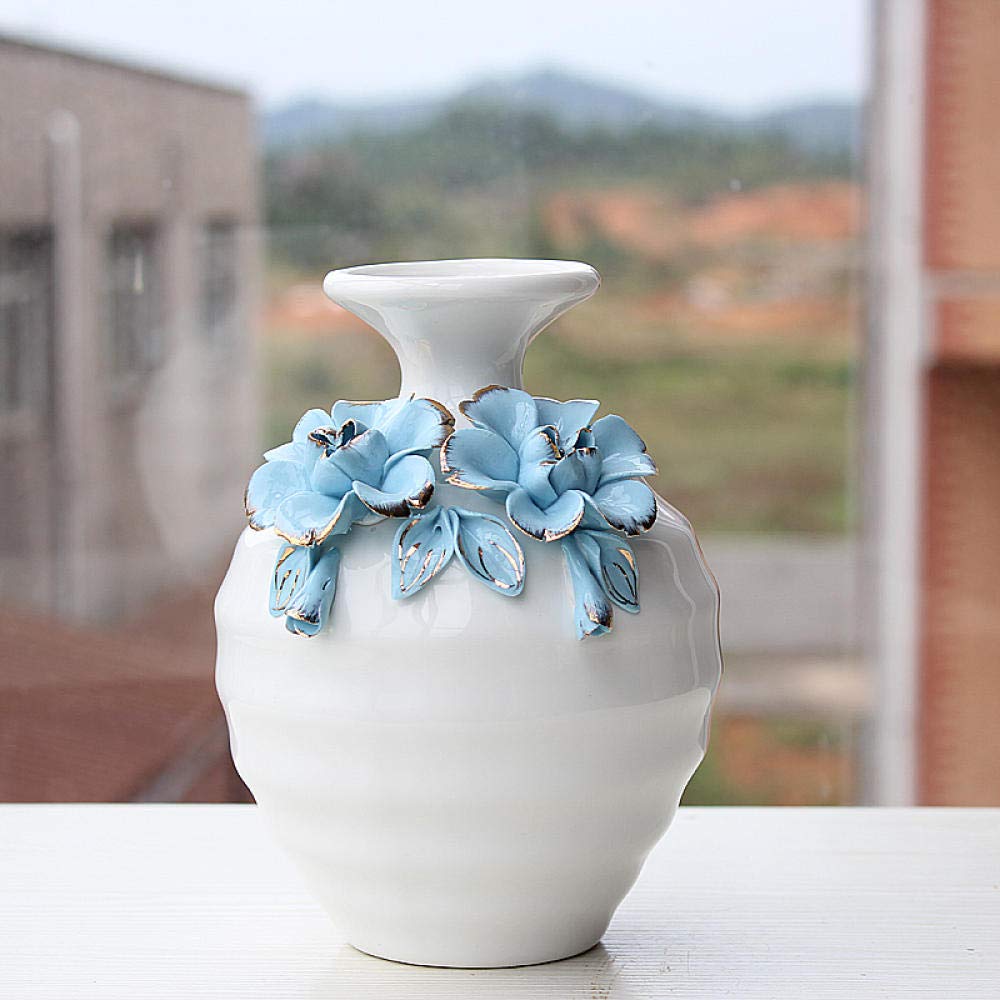 Artwork White Vase European Ceramic Crafts Living Room Wine Cabinet Decoration Home Decoration Creative Flower Stand-A Blue 18CM