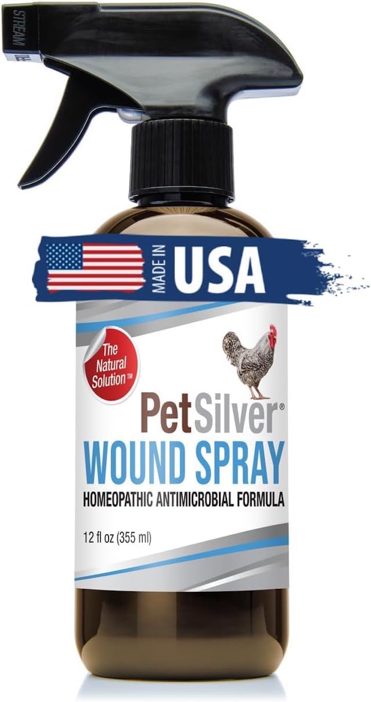 PetSilver Poultry Wound Spray | Chelated Silver | Made in USA | Vet Formulated | All Natural Pain Free Formula | Relief for Pecking Sores | Skin & Feet Wounds | 12 fl oz