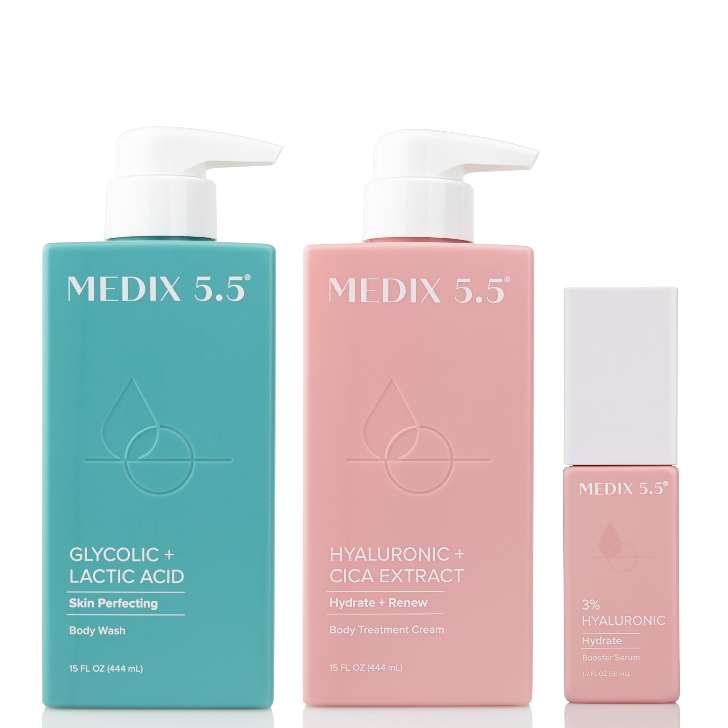 Medix 5.5 Glycolic Acid Exfoliating Body Wash + Hyaluronic Acid Hydrating Body Treatment Cream + 3% Hyaluronic Acid Hydrating Serum Set