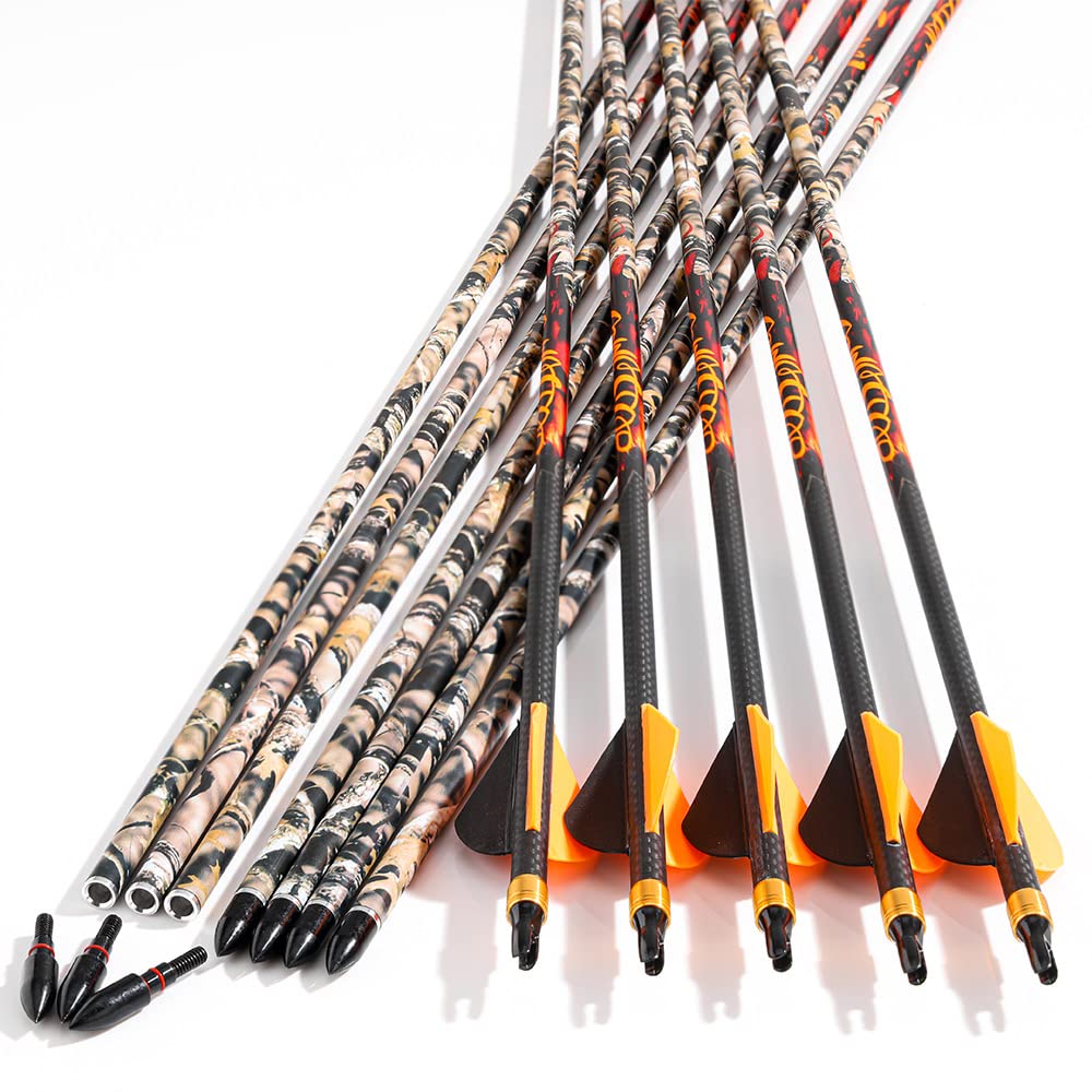 Camo Hunting Carbon Arrows 30/32 inch Spine 300 340 400 500 for Compound Bow or Recurve Bow (12 PCS)