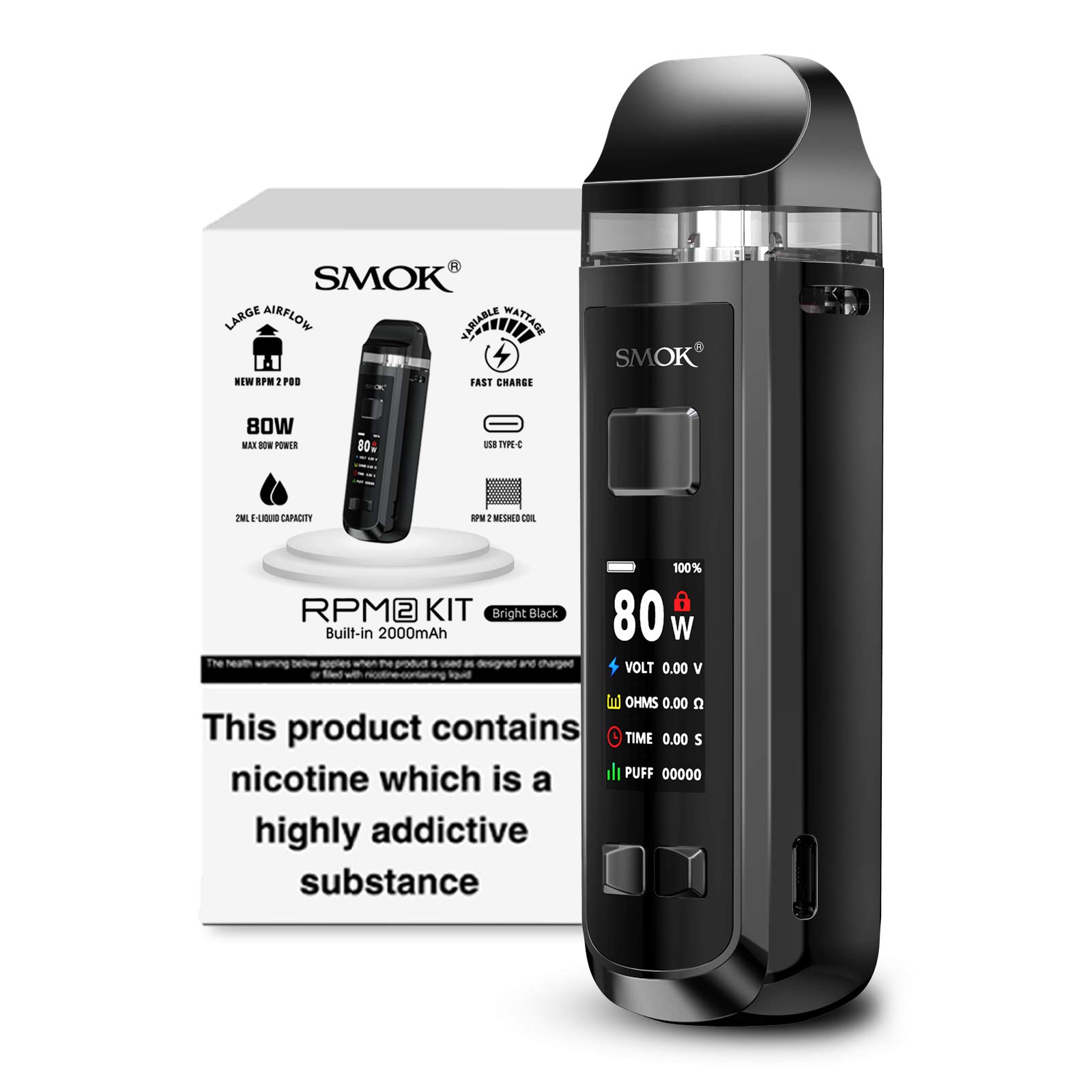 SMOK RPM 2 Kit Sleek Design Advanced Features Exceptional Performance (Bright Black) 2mL Powerful Versatile SMOK Vape E-Cigarette Kit No Nicotine