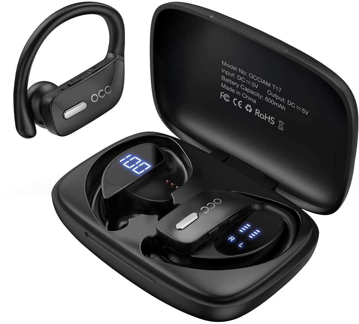 occiamWireless Earbuds Bluetooth Headphones 48H Play Back Earphones in Ear Waterproof with Microphone LED Display for Sports Running Workout Black