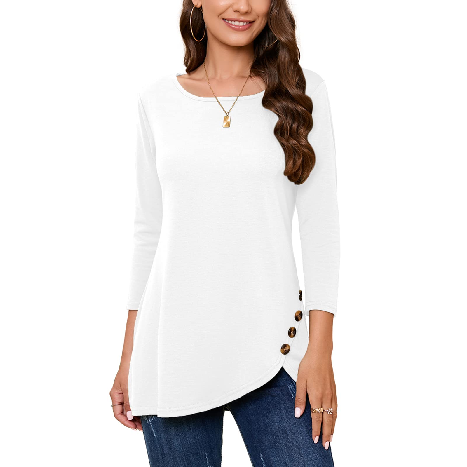 Sanifer Women's 3/4 Sleeve Tunic - Casual Shirts Round Neck Button Side Blouses Tops