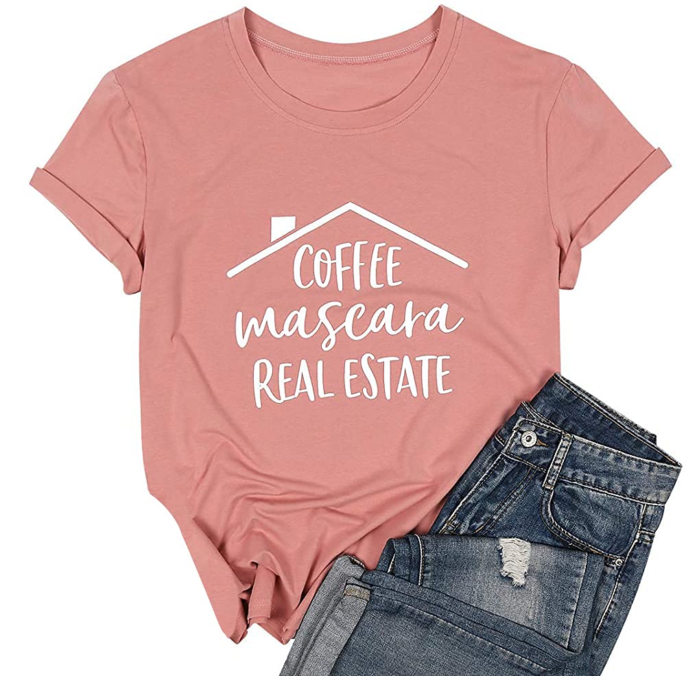 FLOYUCoffee Mascara Real Estate T Shirt Women Letters Print Funny Sayings Shirts Casual Short Sleeve Realtor Gift Shirts Tee