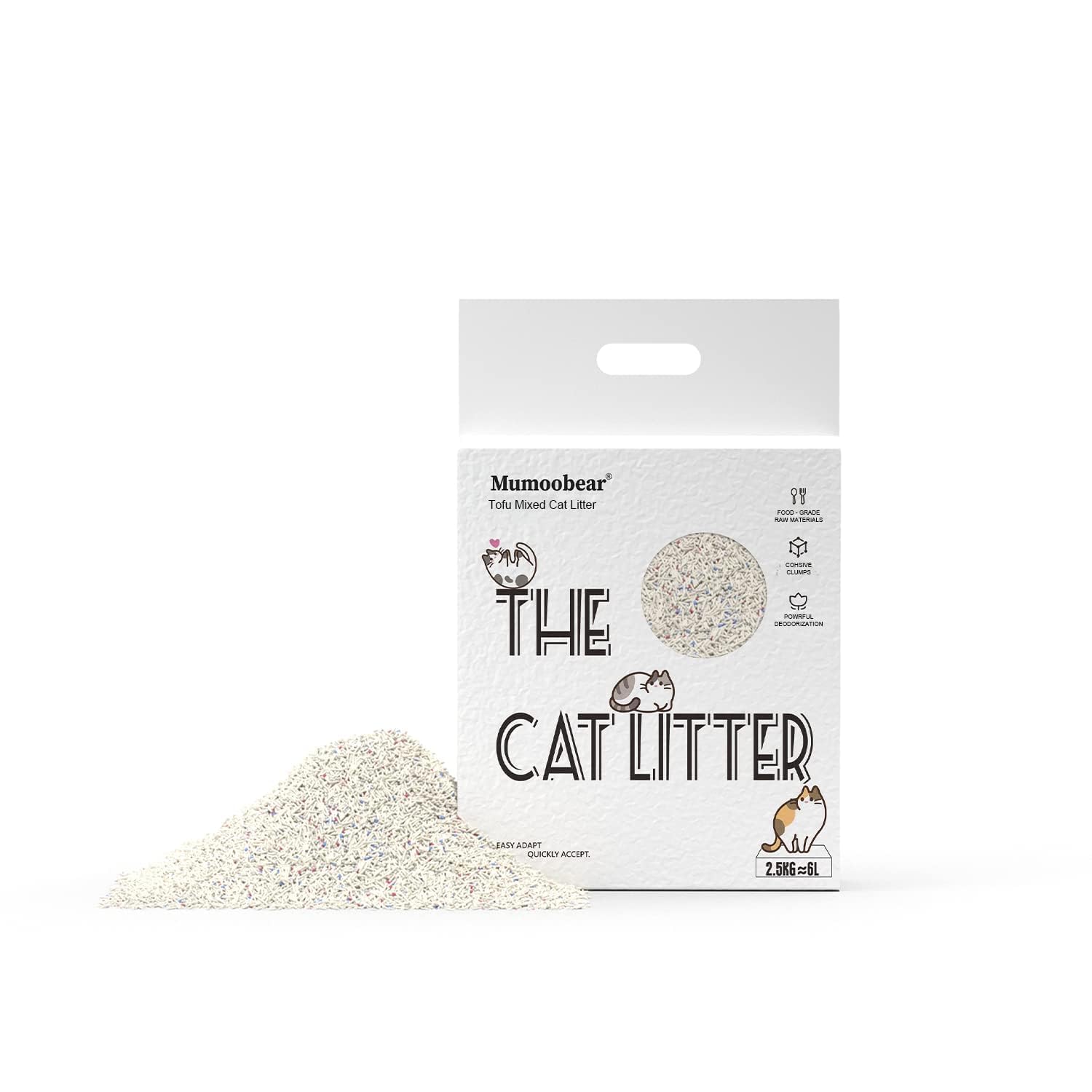 Mumoo Bear Tofu Cat Litter, Flushable Clumping Cat Litter Pellets, Pure Natural Pretty Dust-Free Kitty Litter, Low Tracking, Odor Free, Ultra Absorbent Cat Litter 6L, 2.5KG bag