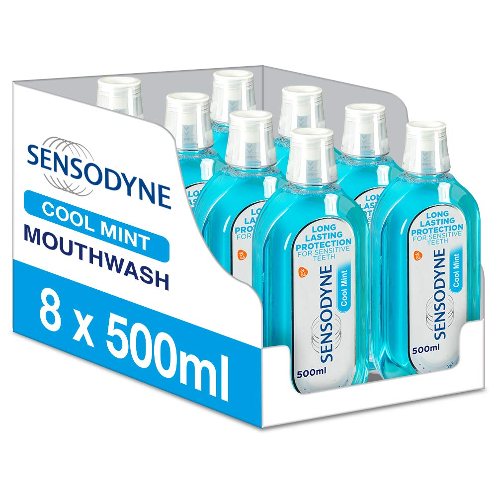 GlaxoSmithKline Sensodyne Mouthwash for Sensitive Teeth, Alcohol Free Mouth Wash, Cool Mint Flavour, 500 ml, Pack of 8