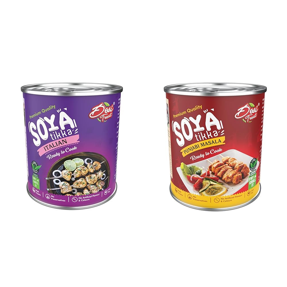 Desi Treat Soya Tikka with Italian Herbs (Ready to Cook), 800g & Desi Treat Soya Tikka Punjabi Masala (Ready to Cook), 800g