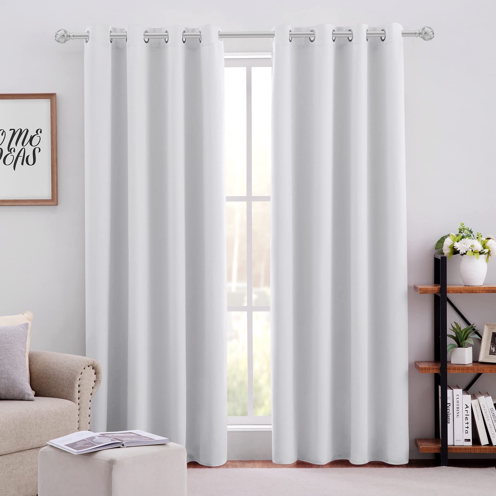 HOMEIDEAS Greyish White Blackout Curtains for Bedroom 52 X 96 Inch Long 2 Panels Set Room Darkening Curtains/Drapes, Soundproof Thermal Grommet Window Curtains for Living Room