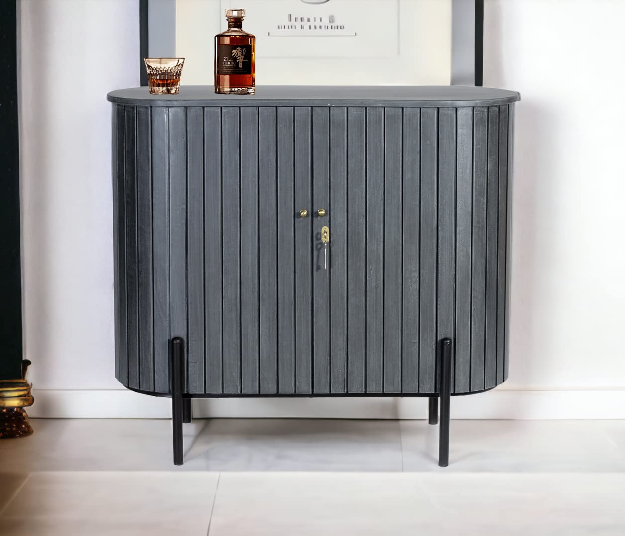 Kraft Bazaar Solid Wood Oval Bar Cabinet | Drinks Cabinet with Lock | Bar Unit (Grey)