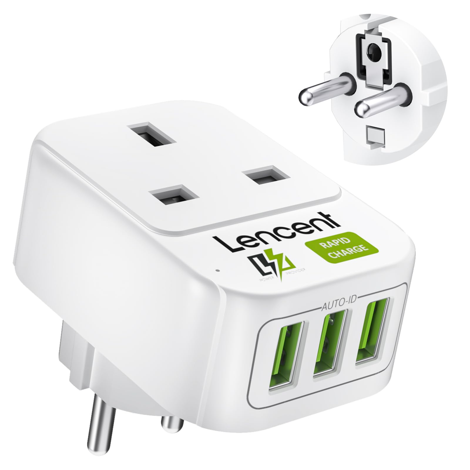 LENCENT UK to EU Euro Europe Plug Adapter with 3 USB Ports, Grounded European Travel Adapter with 3 USB Ports for Spain Germany France Portugal Greece Russia Netherlands Turkey and more (Type E/F)