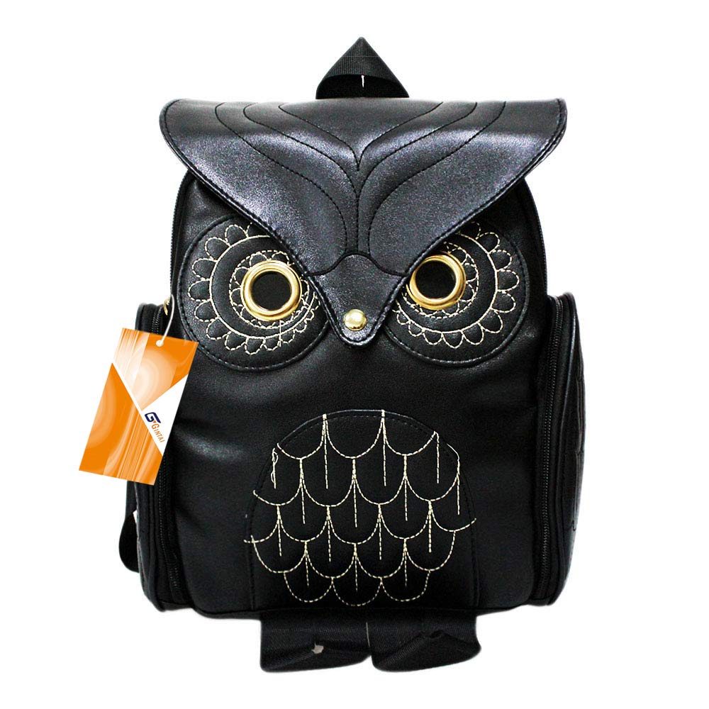 GinTaiWomen Pu Leather Owl Cartoon Backpacks Fashion Casual Satchel mini Small black Backpack, Black