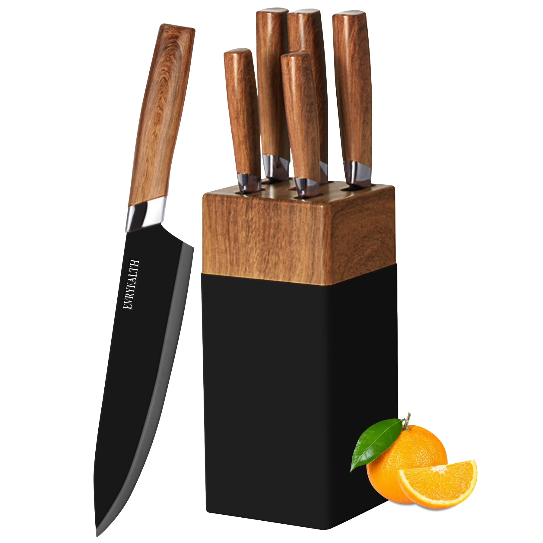 lapelux Kitchen Knife Set - 5 Piece Knife Set with Block, Wood Grain Handle, Stainless Steel Knivese with Chef, Bread, Slicer, Utility, Paring Knife for Cutting Meat/Vegetables/Fruit.…