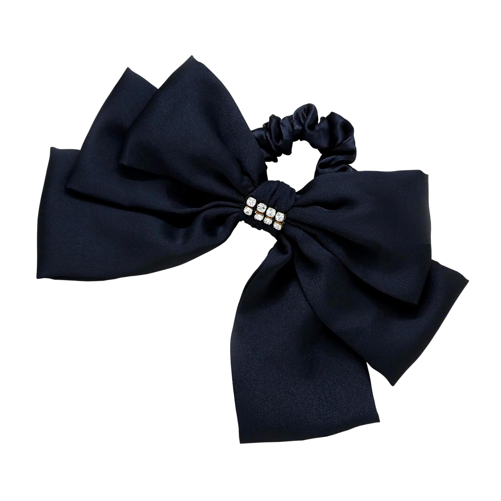 EttikaHair Tie for Women | Hair Accessory | Oversized Bow Scrunchie with Crystal in Black | XL Polyester Hair Tie with Gold Tone