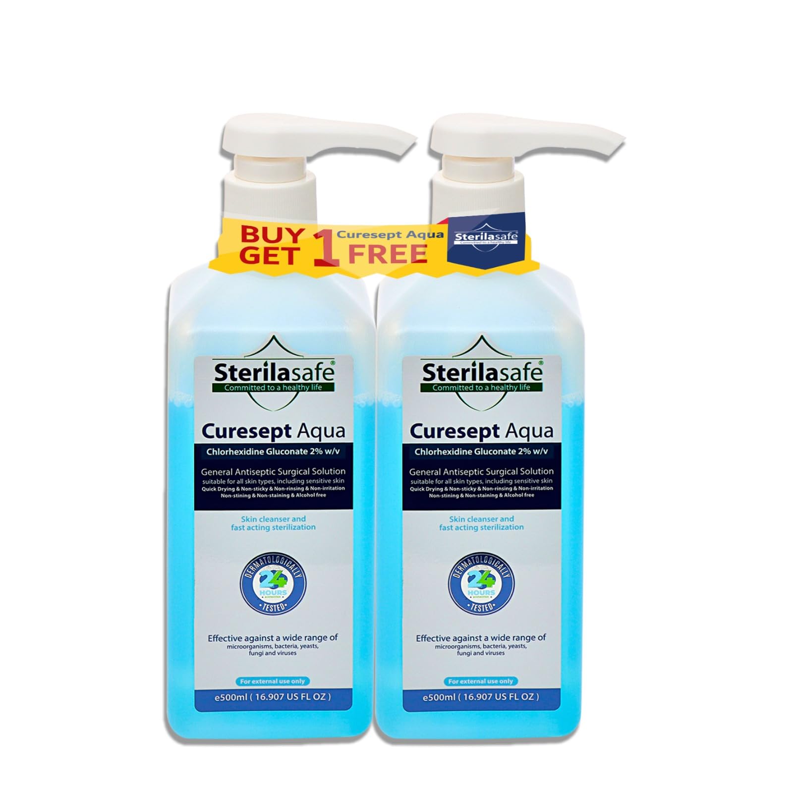 Sterilasafe CureSept Aqua General Antiseptic, Antimicrobial Skin Cleanser, Surgical Solution, Chlorhexidine Gluconate 2%, 500 ML, Buy 1 get 1 Free Promo Pack