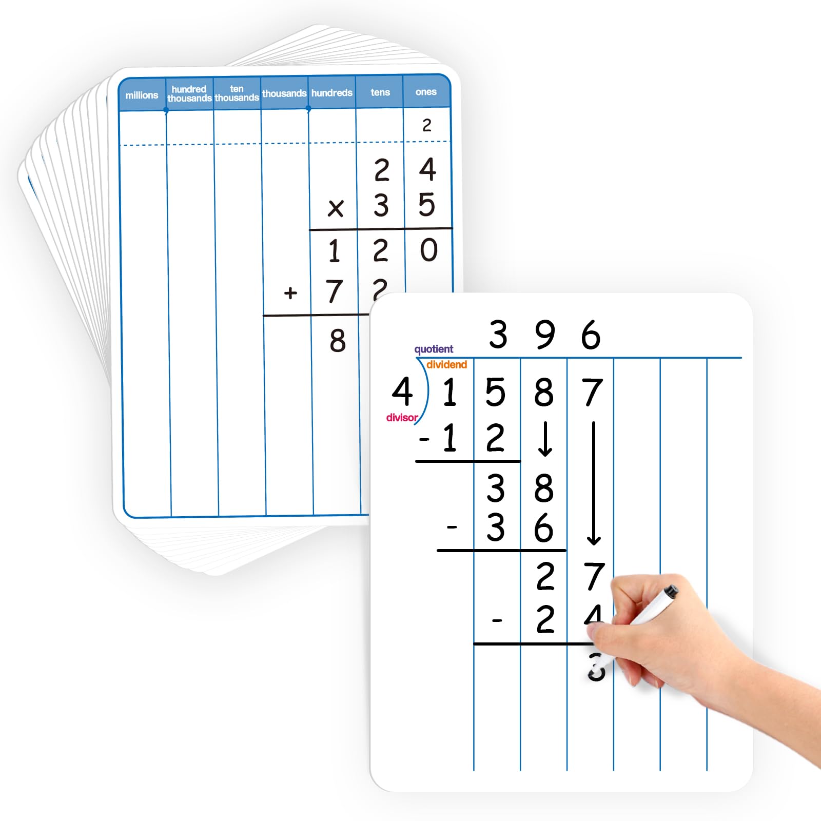 Aizweb 12 Pack Long Division Dry Erase Board Card,12" x 9" Multiplication Small Whiteboard Math Manipulatives for Kids Student Classroom Must Have Homeschool Teacher Supplies Learning Activities