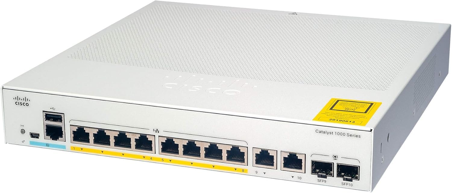 CiscoCatalyst 1000-8P-2G-L Network Switch, 8 Gigabit Ethernet (GbE) PoE+ Ports, 670W PoE Budget, two 1 G SFP/RJ-45 Combo Ports, Fanless Operation, Enhanced Limited (C1000-8P-2G-L)