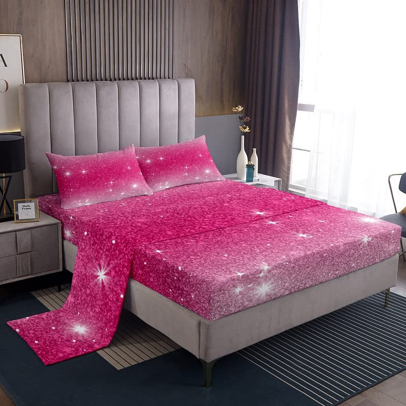 Cute Glitter Galaxy Sheet Set Kawaii Pink Pastel Ombre Bed Sheets Twin For Kids Girls Teen Women Sparkle Stars Sequins Bedding Set Starlight Iridescent Fitted Sheet + Flat Sheet + 1 Pillow Case