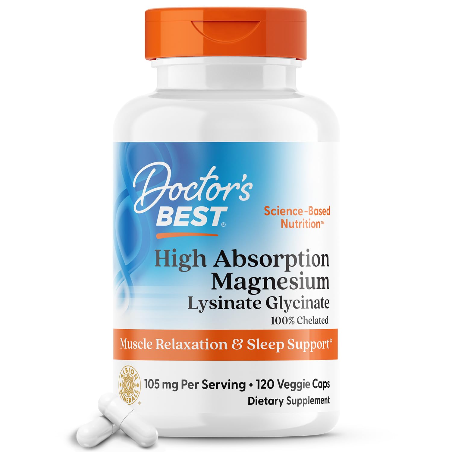 Doctor's Best High Absorption Magnesium Lysinate Glycinate Capsule, Easy to Swallow, 120 Ct