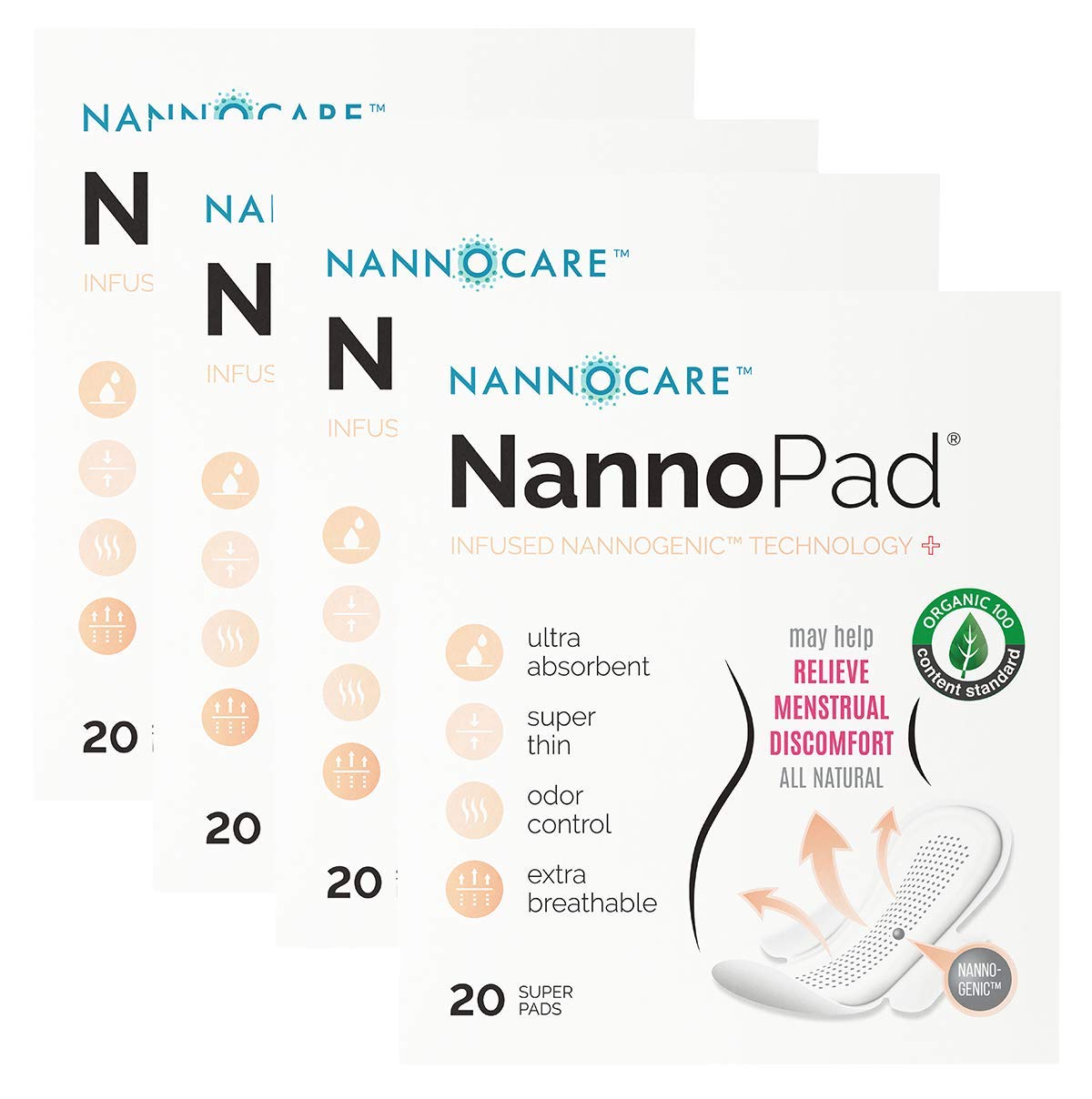 NannoPad Super - Certified Organic Cotton - Naturally Relieve Your Discomfort - No Fragrances, Chemicals or Dyes - Odor-Control and Breathable 4 Pack (80 Pads)