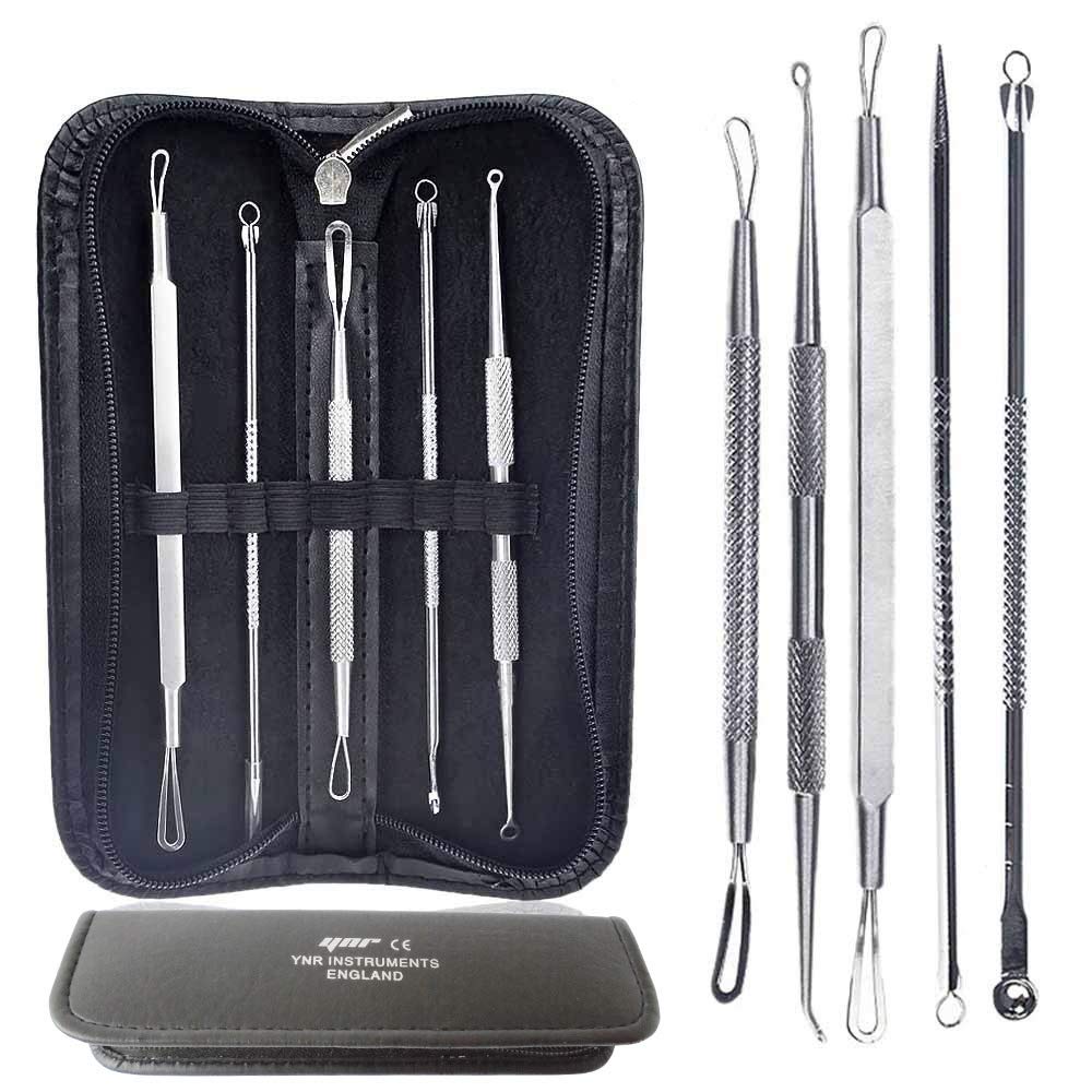 YNR® 5pcs Professional Surgical Extractor Blackhead Remover Pimple Acne Extractor Tool Best Comedone Removal - Treatment for Blemish, Whitehead Popping, Zit Removing with Leather Bag Case Kit