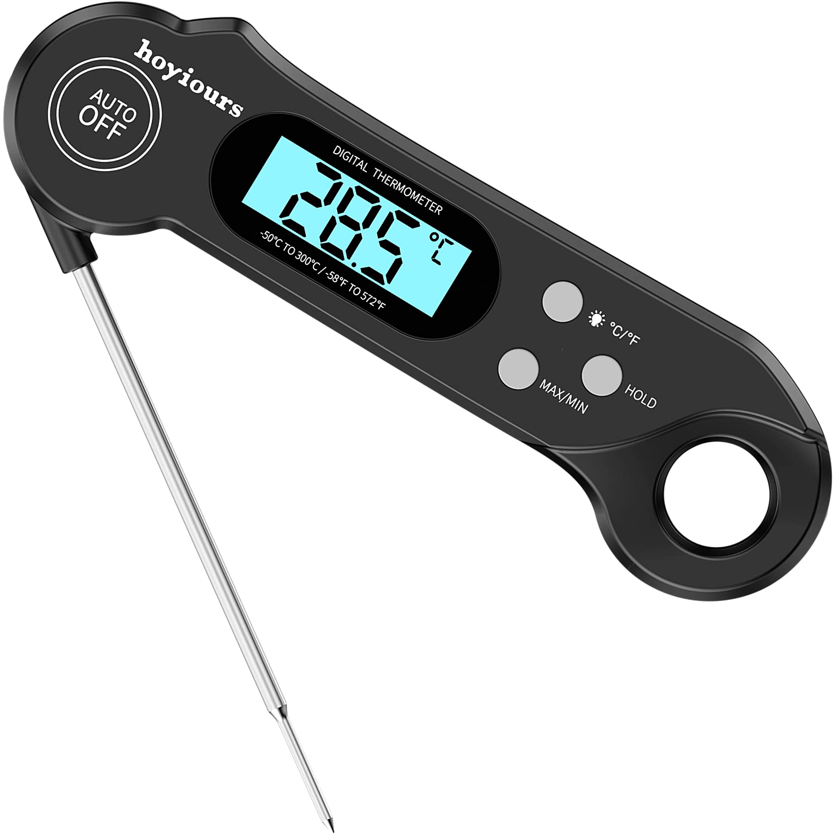 Meat Thermometer, hoyiours Instand Read Food Thermometer, Cooking Thermometer with Foldable Long Probe and Backlight Screen, Black BBQ Thermometer