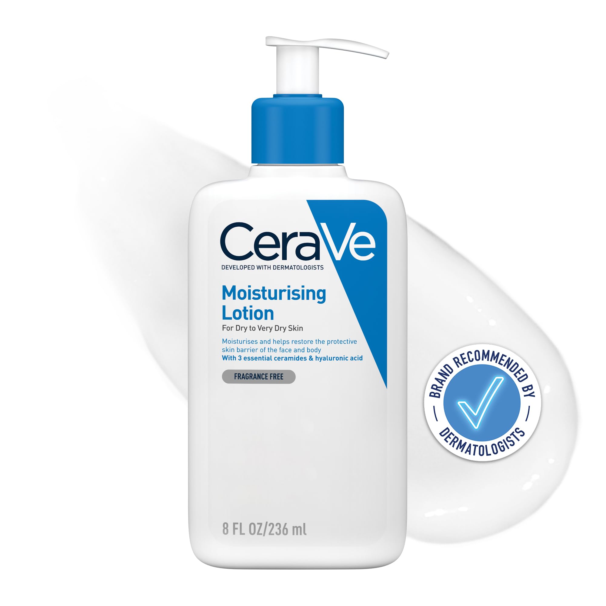 CeraVeMoisturizing Lotion | 24H Body and Face Moisturizer for Normal to Dry Skin with Hyaluronic Acid and Ceramides | Non-comedogenic, oil-free, Fragrance Free | 8Oz, 236 ML