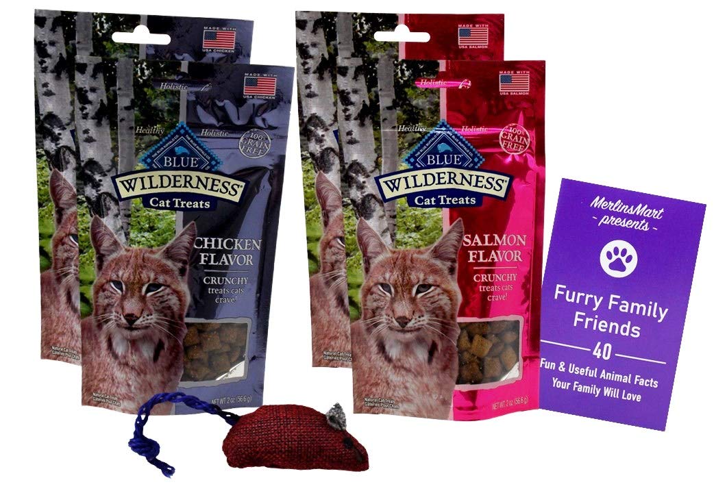 Blue Wilderness Grain Free Crunchy Treats for Cats 2 Flavor Variety 4 Pouches | (2) Each: Chicken, Salmon (2 Ounces) | Plus Catnip Toy and Fun Facts Booklet