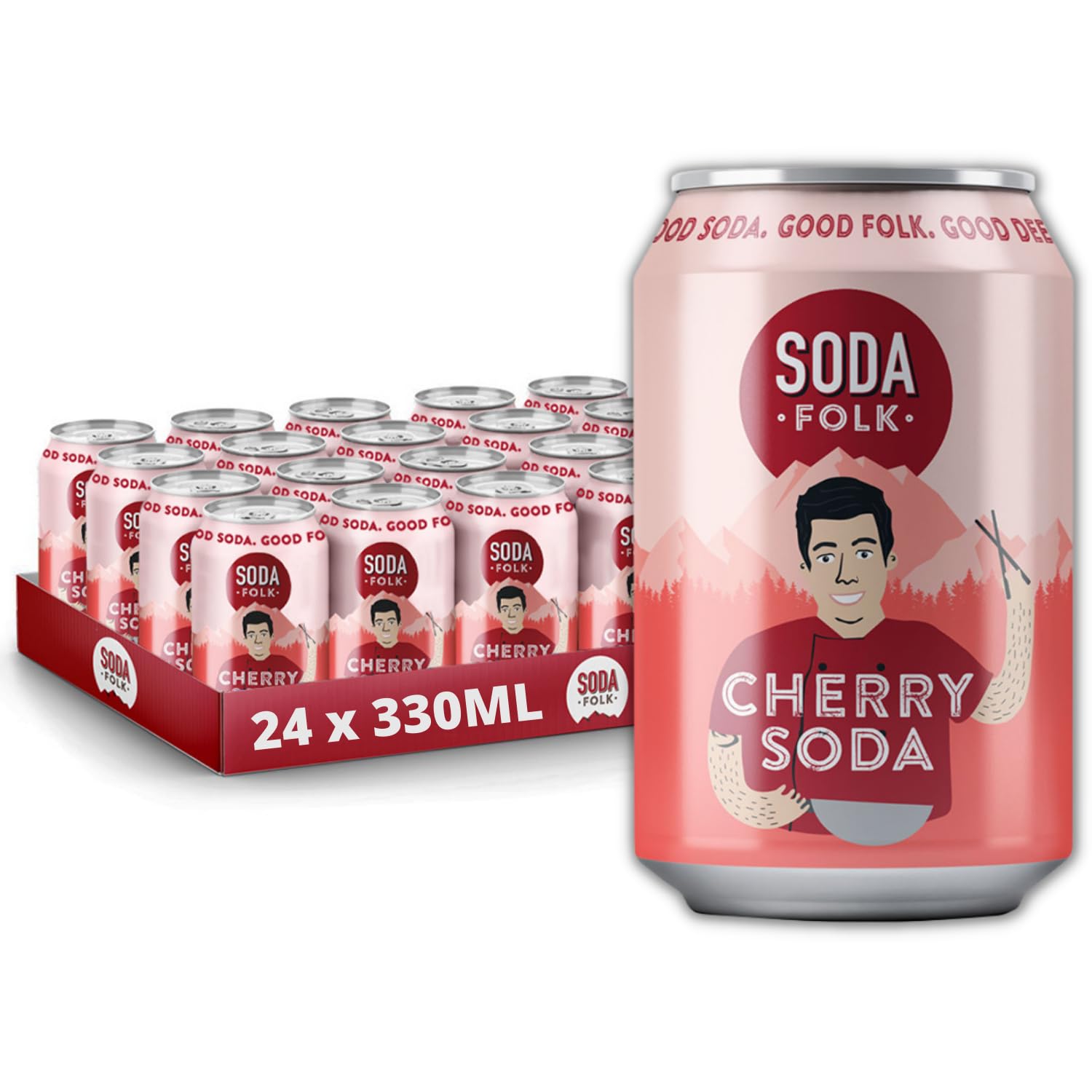 Soda FolkCherry Soda, American Style Fizzy Drinks, No Added Sugar, Refreshing Soft Drink, 100% Natural Ingredients, Gluten Free & Vegan (24 x 330ml Cans)