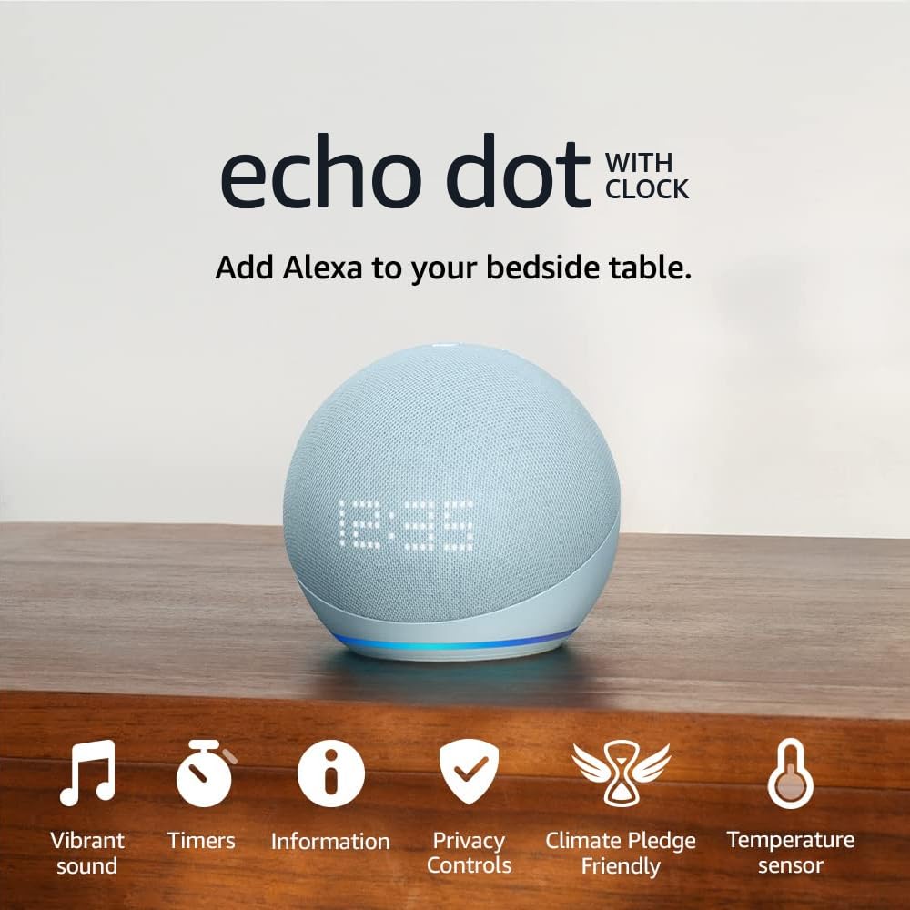 Echo Dot with clock (5th generation, 2022 release) | Bigger vibrant sound Wi-Fi and Bluetooth smart speaker and Alexa | Cloud Blue