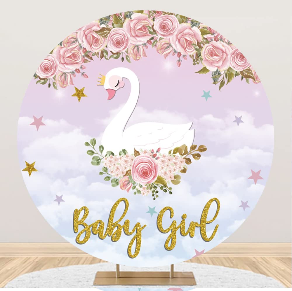 DORCEV White Swan Round Backdrop Cover 4x4ft Polyester Elegant Swan Princess Girls 1st Birthday Party Round Background Pink Floral Flowers Cartoon Clouds Stars Baby Girl Baby Shower Party Decor