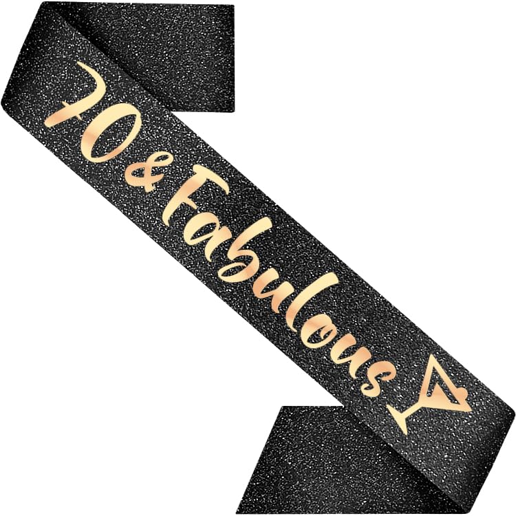 70th Birthday Sash 70 and Fabulous Decorations for Her Made of Black Glitter Fabric with Rose Gold Letters for Women