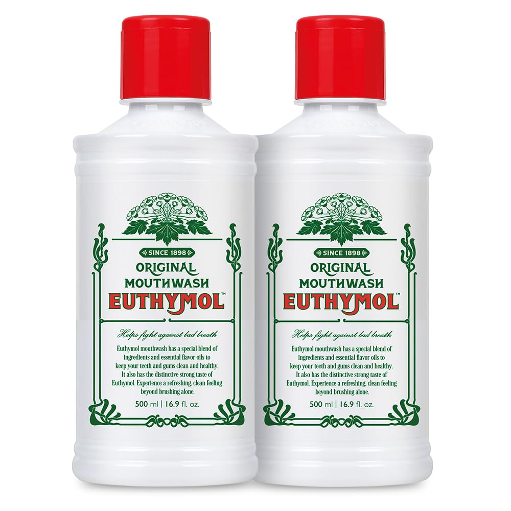 Euthymol Mouthwash Original 500ml x 2, Flouride Free Alcohol-Free, Distinctive Strong Taste Flavour, Reduce Plaque Gingival Clean Healty Teeth Gums, Freshens Breath Refreshing Daily Oral Dental Care