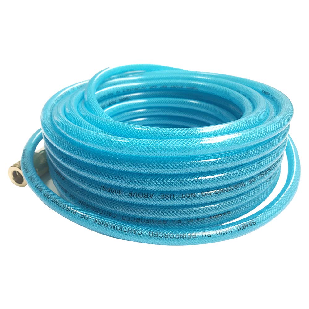 SANFU Polyurethane(PU) Reinforced 1/4”ID×50ft, Air Hose with 1/4” Swivel MNPT Solid Brass Quick Coupler and Plug, Transparent Blue(50’)