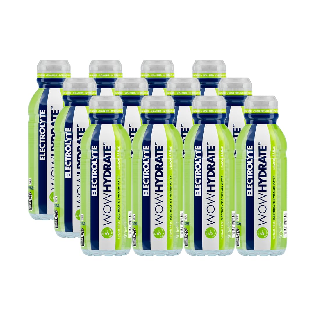 WOW HYDRATEElectrolyte Water, Sports Water with Essential Vitamins for Improved Energy Levels, Low Calorie, Sugar Free & Fat Free, Maximise Hydration, Lemon & Lime Flavour, 12 x 500ml