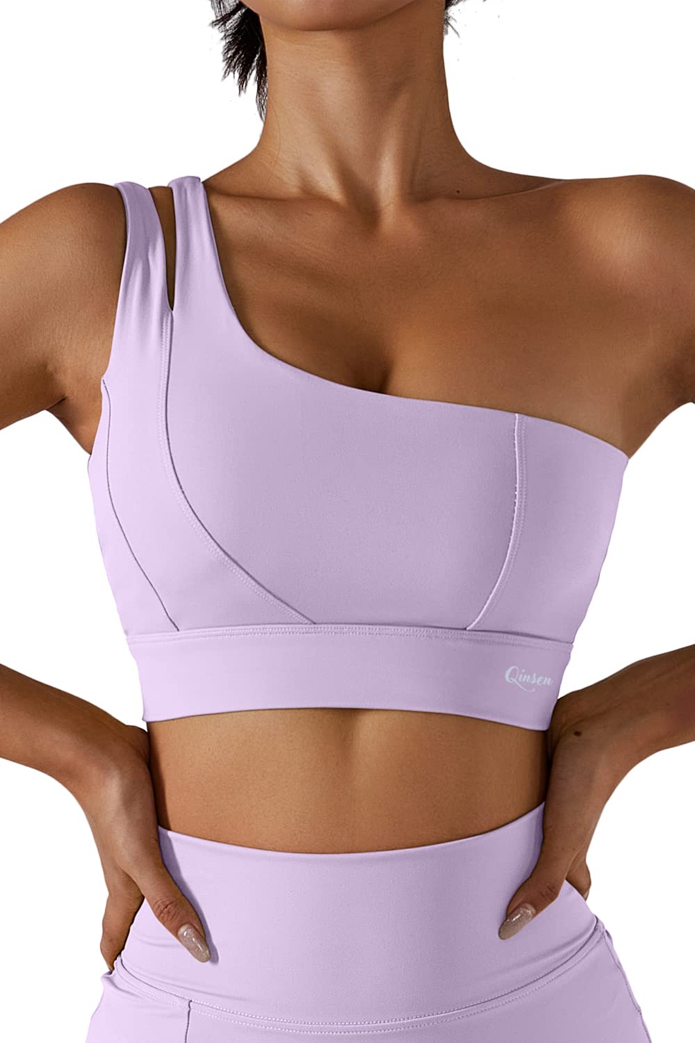 QINSENWomens One Shoulder Yoga Bra Cutout Straps Athletic Sports Running Workout Top