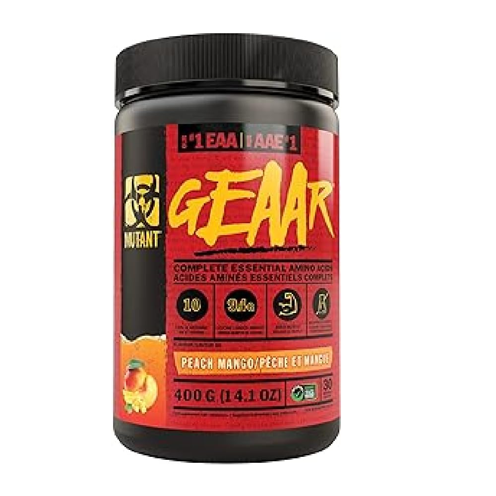 MUTANT GEAAR | 9.4g of EAA Powder + Arginine, 7g BCAAs, 4g Leucine, Electrolytes, Coconut Water, No Artificial Colours or Flavours | 30 Servings | Mango| 378g